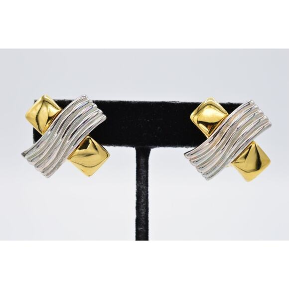Givenchy Vintage Clip On Earrings Gold Silver 2-Tone Chunky X Signed 1980s BinH - Picture 1 of 12